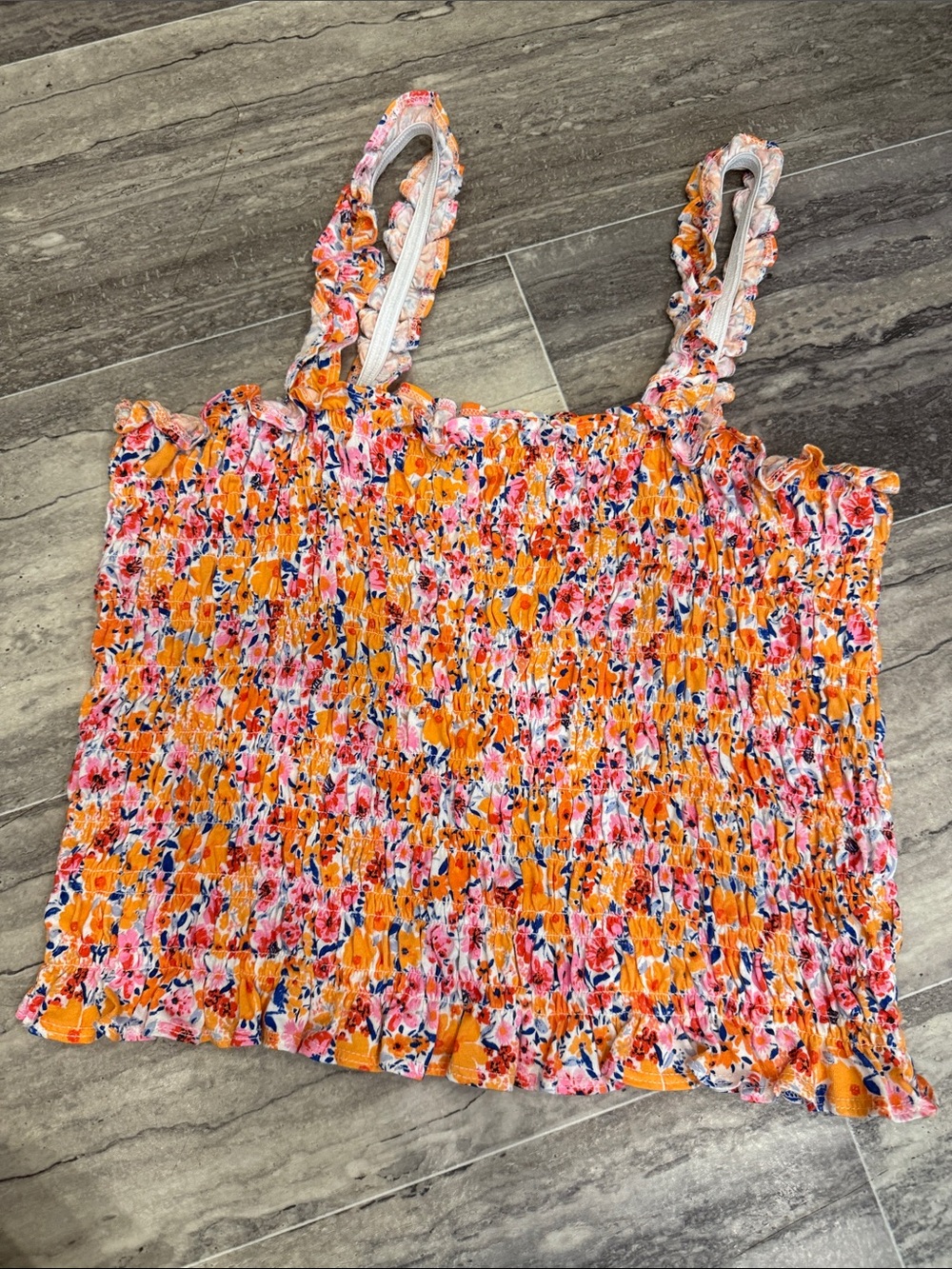 Old Navy Orange and Pink Smocked Floral Ruffle Cami